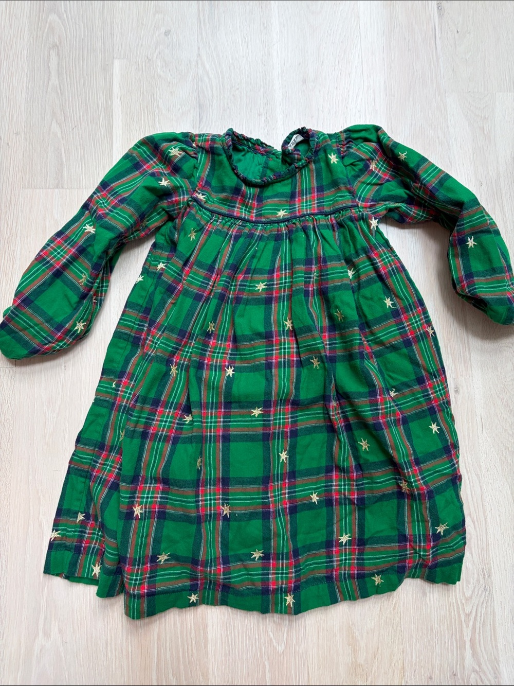 Mini Boden Green Plaid Long-Sleeve Dress with Gold Stars